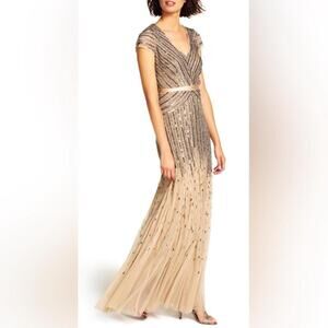 Adrianna Papell Women's Long Beaded Sequins Dress Size 4 Blush Pink